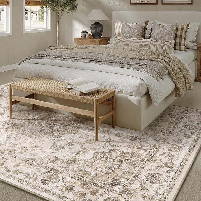 9x12 Neutral Area Rug Brown Vintage Living Room Bedroom Washable Carpet Non-Slip Soft Low Pile Floral Indoor Large Throw Rug for Dining Room Office