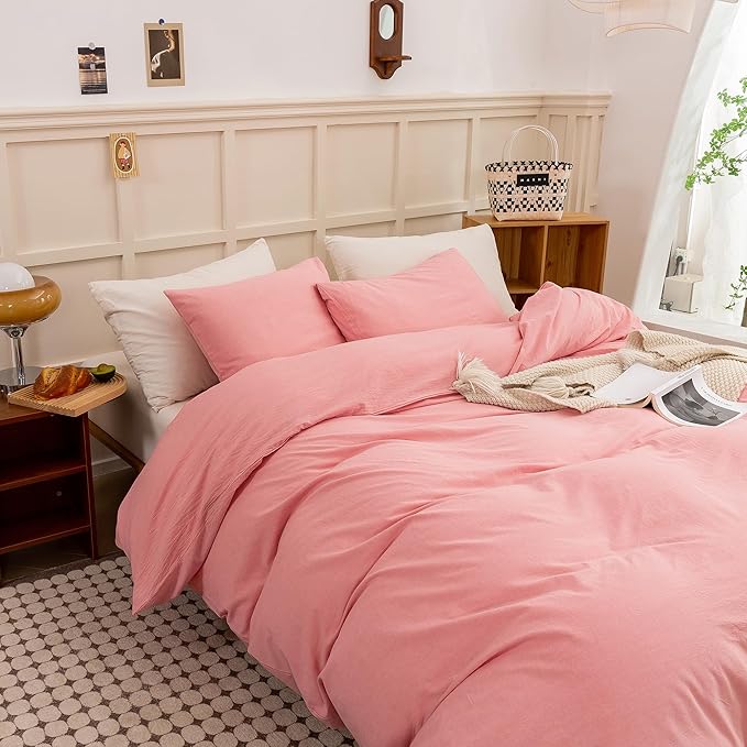 ECOCOTT Pink Duvet Cover Queen Size - Linen Feel Organic Natural 100% Washed Cotton, Soft Breathable 3 Pieces Bedding Set with Zipper Closure