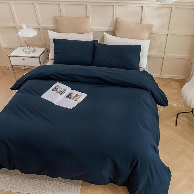 ECOCOTT Navy Blue Duvet Cover Twin Size - 100% Washed Cotton Durable Soft Comfy Duvet Cover Set, 3 Pieces Duvet Cover with Zipper Closure (Navy Blue, 68''x90'')