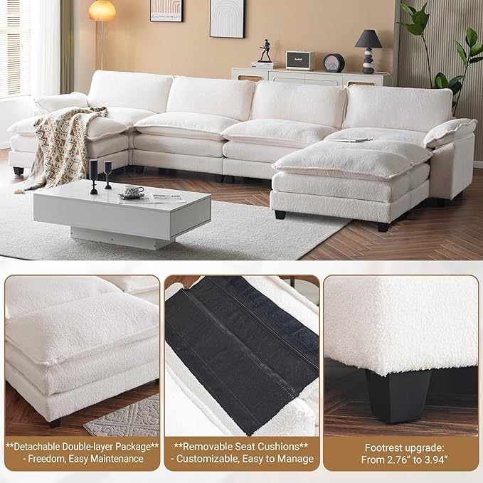 VINGLI 157" Cloud Teddy White Convertible Sectional Sofa, Comfy U-Shape Extra Deep Seat Sofa Couch for Living Room,Modern Chenille 4-Seat Convertible Sofa with 3 Movable Ottomans for Small Space