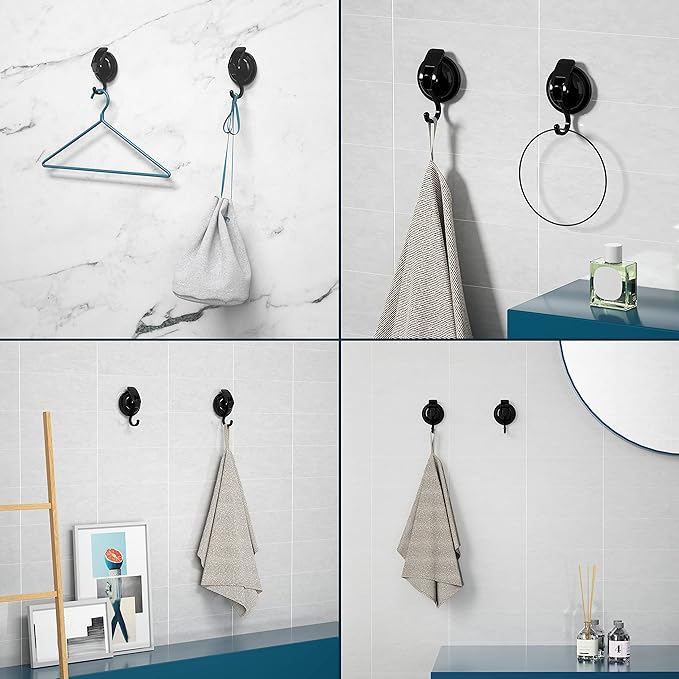 Heavy Duty Vacuum Suction Cup Hooks, Matte Black Plated Polished Super Suction for Kitchen Bathroom, 1 Pack
