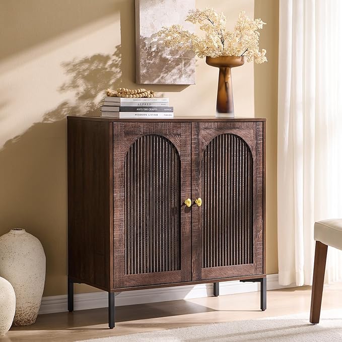 Bathroom Cabinet with Storage, 34" Tall Fluted Arched Free Standing Floor Cabinet w/Adjustable Shelves, Modern Sideboard Cabinet for Bathroom, Kitchen, Living Room, Entryway, Brown