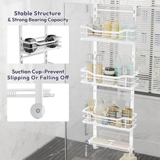 SWTYMIKI Over the Door Shower Caddy - 4 Tier Adjustable Shower Organizer Hanging with Soap Holder, No Drilling Stainless Steel Bathroom Rack Hanging for Body Wash, Shampoo, Soap, Razor, White