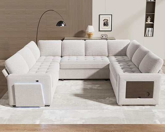 WEUP 8 Seat U Shaped Sectional Sleeper Sofa Bed with Pull Out Bed, Chenille Sectional Sleeper Couch with Adjustable Backrest, USB Ports, LED, Side Table, Tool-Free Assembly, Chenille Beige