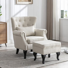 Accent Chair with Ottoman Modern Button Tufted Armchair Wingback Club Chair Linen Fabric Single Sofa Lounge Chair with Pillow for Living Room Bedroom, Beige