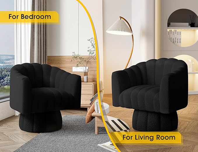 360 Degree Sherpa Swivel Cuddle Barrel Accent Sofa Chairs, Round Teddy Armchairs with Wide Upholstered, Furry Boucle Reading Chair for Living Room, Bedroom, Office, Waiting Rooms (Black)