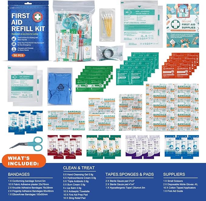 90 Pieces First Aid Refill Kit - Wound Care Kit Includes Bandages for Home, Travel, Hiking - Portable Replacement Kit for First Aid Medical Supplies（1 Set）