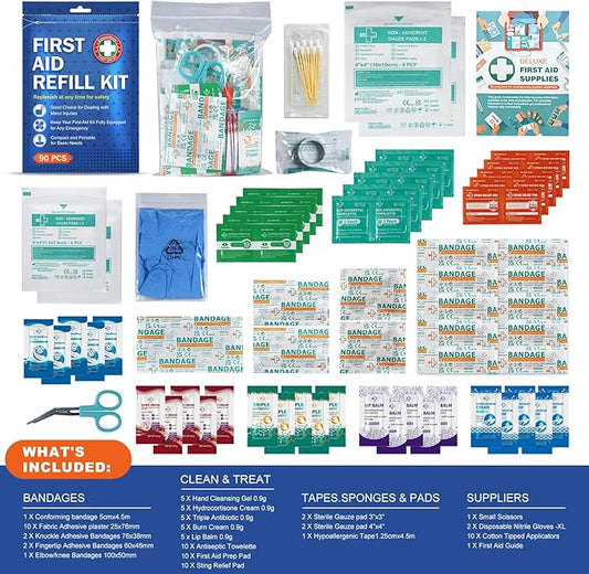 90 Pieces First Aid Refill Kit - Wound Care Kit Includes Bandages for Home, Travel, Hiking - Portable Replacement Kit for First Aid Medical Supplies（1 Set）