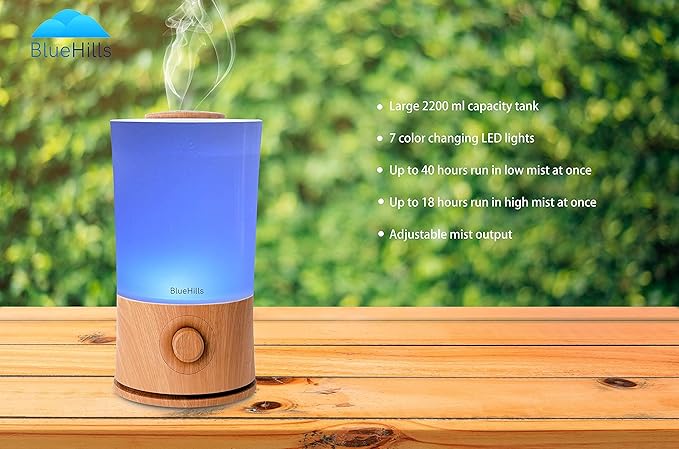 BlueHills Premium 2000 ML XL Large Essential Oil Diffuser Aromatherapy Humidifier for Large Room Home 40 Hour Run Huge Coverage Area 2 Liter Extra Large Capacity Huge Diffuser Wood Grain E005