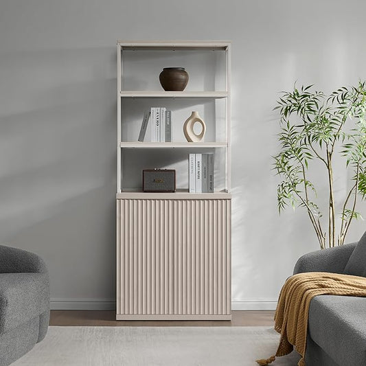SICOTAS Book Shelf Fluted Bookshelf Cabinet - 75" Tall Bookcase 6 Tier Large Bookshelves with Doors Storage Modern Wide Book Shelves Case for Living Room Home Office Library, Metal Frame, White Alder
