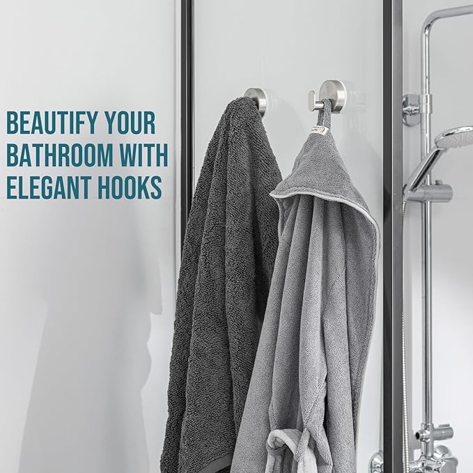 TAILI Stylish 304 Stainless Steel Bathroom Suction Hooks for Towel, Bathrobe, Loofah, No Damage Hanging Glass Shower Wall Hook, Patented Strong Suction Cup Holder, Hold Up to 11 Lbs, I-Cylinder Silver