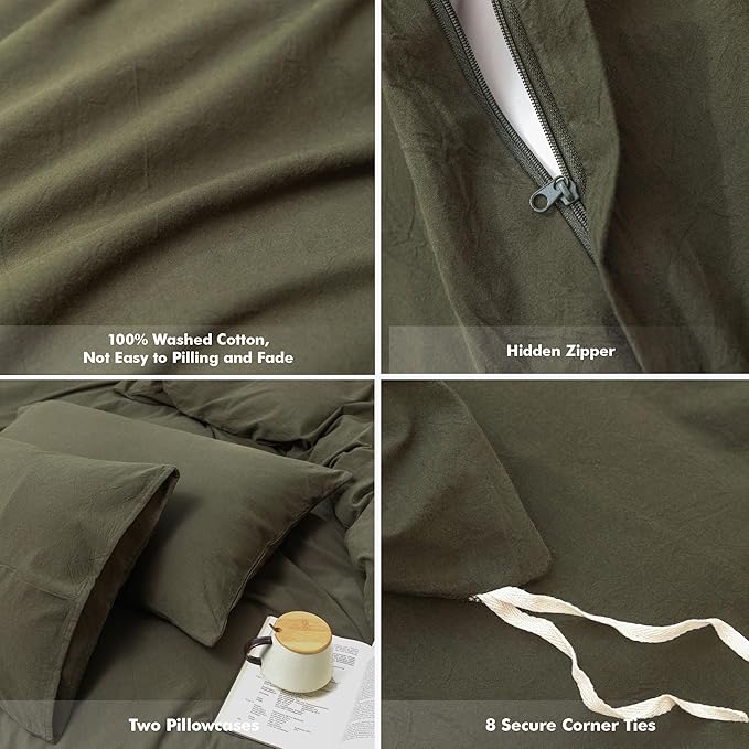 FOSSA Duvet Cover Set 100% Washed Cotton Linen Feel Super Soft Breathable Cozy 3 Pieces Bedding Sets Solid Olive Green King