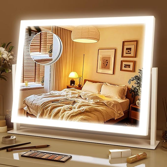 ROLOVE Lighted Makeup Mirror 16.3"x12.6", Hollywood Vanity Mirror with 10X Magnifier, 3 Color LED Lighting Modes, Smart Touch Control & 360° Rotation, Tabletop Makeup Mirror (White, Gift Ready)