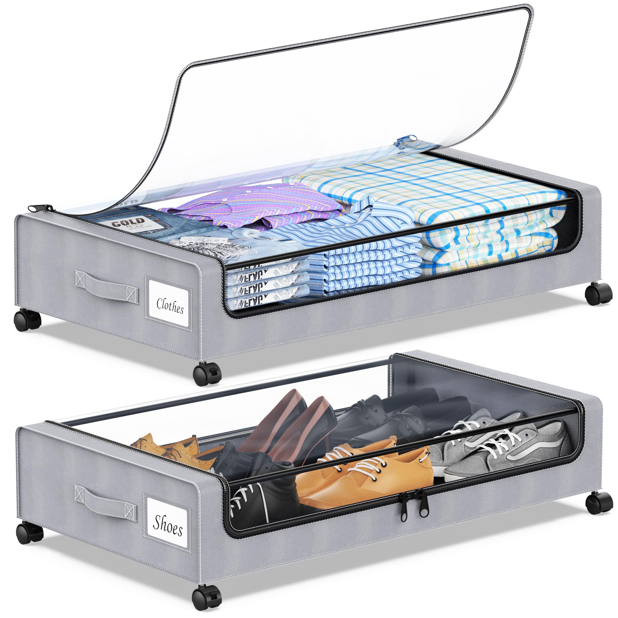 YAASHEEN Under Bed Storage with Wheels, 2-Pack Under the Bed Storage Containers with Clear Lids & Label, Underbed Storage Bins, XXL 60L Rolling Metal Drawer for Clothes, Shoes, Toys, Books - Black Dormly