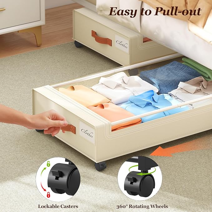 Yecaye Under Bed Storage with Wheels 2 Pack, 85L Extra Large Under Bed Storage Containers with Metal Frame & Clear Lid, Rolling Underbed Organizer Bins Drawers for Clothes, Shoes, Blankets, Beige
