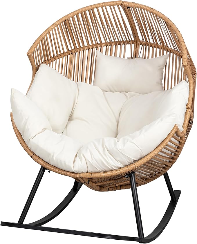 Vongrasig Comfy Wicker Rocking Egg Chair, Soft Thick Cushion Rattan Lounge Chair, High Capacity Steel Frame, Reading Chair for Living Room, Bedroom, Dorm Rooms (Beige)