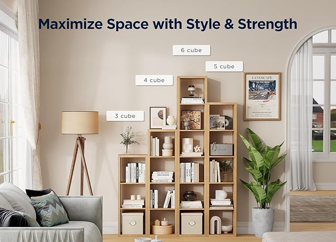5 Cube Storage Organizer Single Row, Cube Shelf with Heavy-Duty Thick Boards, 13.31"L x 9.37"W x 60.55"H, Smooth Easy-Clean Panels, Simple Assembly, for Living Room Bedroom Office, Natural-Oak