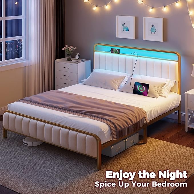 Rolanstar Queen Size Bed Frame with LED Light and Charging Station, Upholstered Headboard and Footboard, Metal Slat, Noise Free, Easy Assembly, Golden