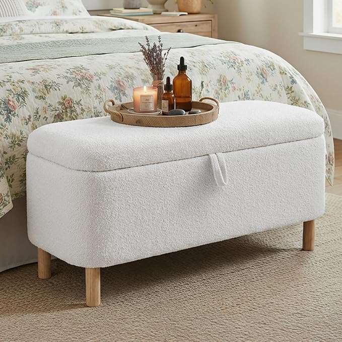 Ottoman with Storage, Storage Ottoman Bench, Entryway Bench, End of Bed Bench with Wood Legs for Bedroom, Living Room, Cream