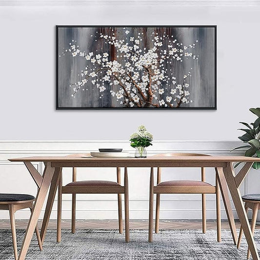 Wall Art for Living Room Large Modern Wall Decor Canvas Paintings for Wall Decorations White Flower Brown Bedroom Office Artwork Plum Blossom Art Prints Framed 20×40IN