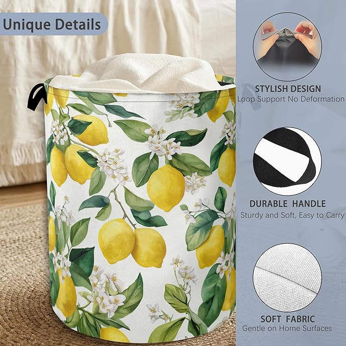 Lemon Laundry Basket,Flower Leaf Foldable Oxford Cloth Tote Bag Laundry Hamper Clothes Storage Bucket Organizer for Bedroom Laundry Storage Dormitories 16" x 20.8"