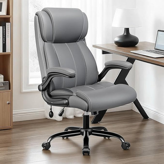 Ergonomic Office Chair - Desk Computer Chair, Leather High Back Executive Chairs with Adjustable Lumbar Support for Adults, Rolling Swivel Tilt, Gray