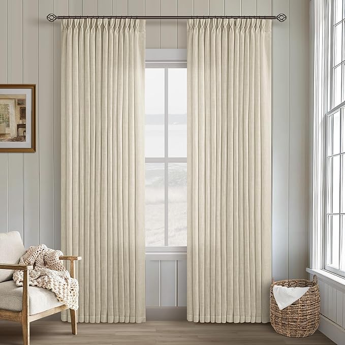 Neutral Linen Pinch Pleated Curtains 84 Inches Long 2 Panels for Living Room Bedroom Memory Training Shaped Semi Sheer Beige Oatmeal Pleat Drapes with Hooks Rings Light Filtering Window Curtain 40x84