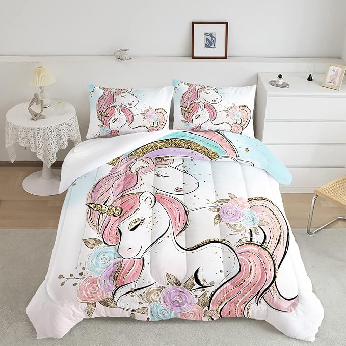 CVHOUSE Unicorn Bedding Queen Size Set, Cute Unicorn Comforter Set for Girls' Room Decor, 3 Pieces