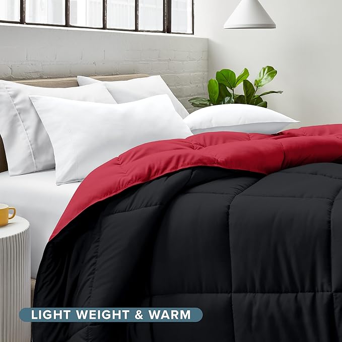 Bare Home Queen Comforter - Reversible Colors - Goose Down Alternative - Ultra-Soft - Premium 1800 Series - All Season Warmth - Bedding Comforter (Queen, Black/Red)