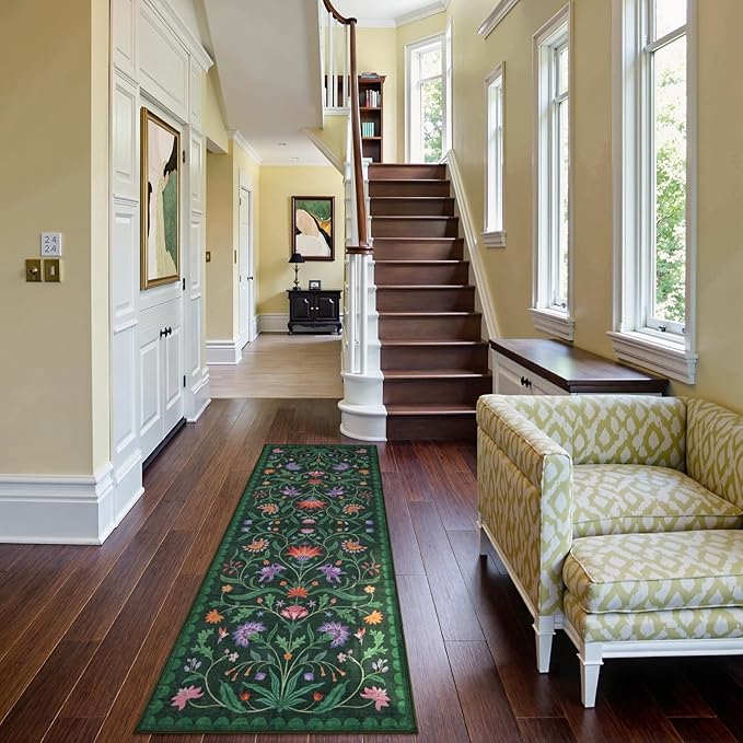 Lahome Boho Floral 2x6 Washable Green Bathroom Kitchen Runner Rug, Soft Rug Runners for Hallways Non Slip, Low-Pile Carpet Runner for Entryway Laundry (Forest Green,2x6)
