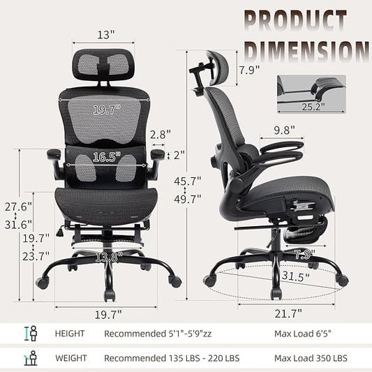 Ergonomic Office Chair, Adjustable High Back Desk Chair with Headrest Footrest 2D Lumbar Support - Executive Breathable Mesh Comfy Swivel Rolling Reclining Computer Task Chairs for Home Office Gaming
