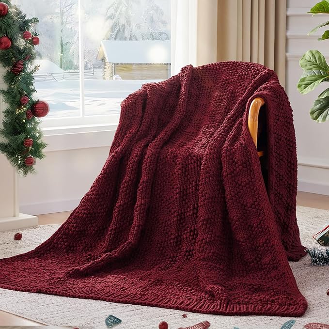 Knitted Weighted Blanket for Adult, Chunky Knit Weighted Throw for Sleep 60"*80" 10lbs, Cooling Breathable Machine Washable Heavy Blanket for Room Decor (Red, Queen)