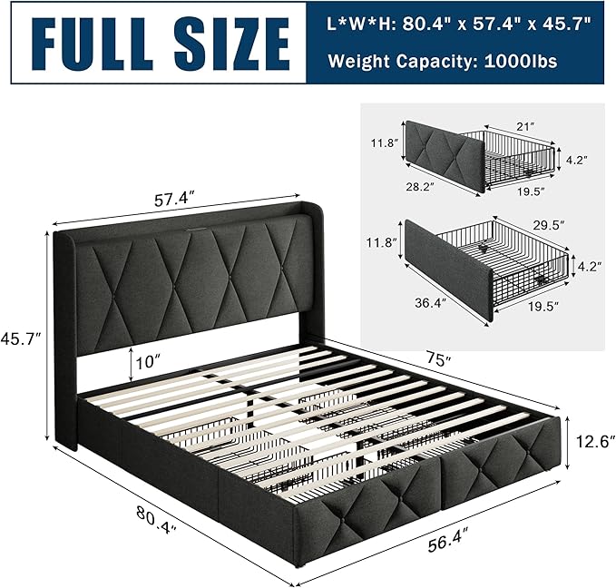 Full Size Bed Frame with 4 Storage Drawers, Upholstered Platform Bed with Charging Station, Modern Wingback Storage Headboard, Easy Assembly,Noise-Free, Dark Gray