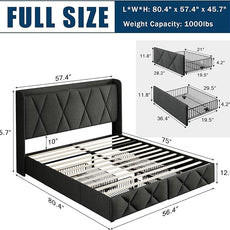 Full Size Bed Frame with 4 Storage Drawers, Upholstered Platform Bed with Charging Station, Modern Wingback Storage Headboard, Easy Assembly,Noise-Free, Dark Gray