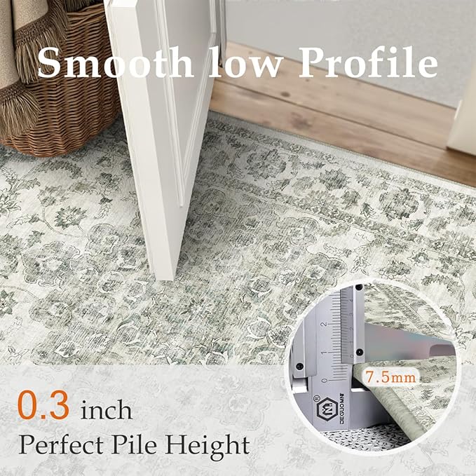 5x7 Washable Neutral Area Rug Green Vintage Living Room Bedroom Carpet Non-Slip Soft Low Pile Floral Indoor Throw Rug for Dining Room Entryway Office