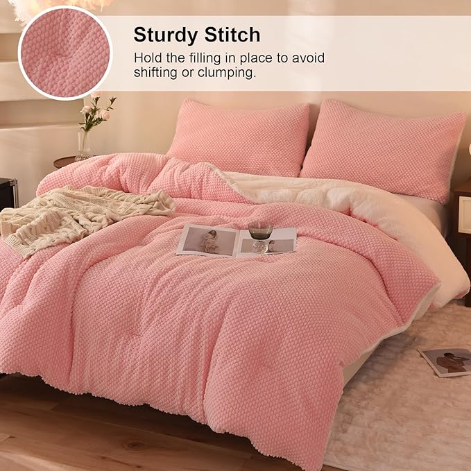 3D Jacquard Design Comforter Set, Ultra-Soft Warm King Size Sherpa Fur Plush 3-Pieces Sets Luxury Cozy Bedding with 2 Pillowcases (104"x90", Pink)