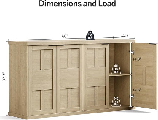 Sideboard Buffet Cabinet with Storage, 60" Modern Farmhouse Accent Cabinet with Geometric Fluted Doors & Magnetic Catch, Wood Coffee/TV Console Table Credenza for Kitchen, Living Room (Oak)