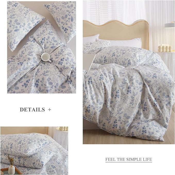 3 Pieces Duvet Cover Full Size Bedding White Duvet Cover with Blue Floral Print,Coquette Bedding Soft Cotton Comforter Cover Boho Style,Aesthetic Full Bedding Set with Zipper Closure 4 Ties,All Season