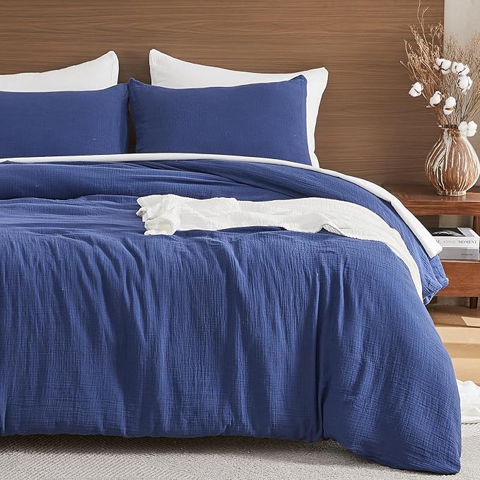 EMME Muslin Cotton Duvet Cover Set Navy Queen Size Linen Like Soft Breathable Lightweight Summer Comforter Cover Set with Zipper Closure (Navy, Queen, 90"x90")