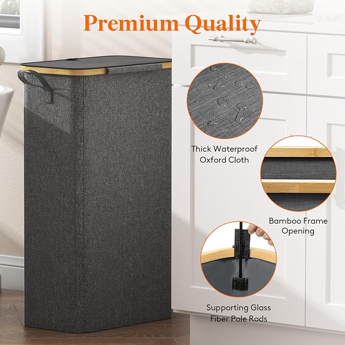 Lifewit 75L Slim Laundry Hamper with Lid, Narrow Laundry Basket with Removable Bag & Bamboo Handles, Fodable Thin Dirty Clothes Hamper for Laundry Collapsible Bin for Bathroom Bedroom Dorm, Dark Gray