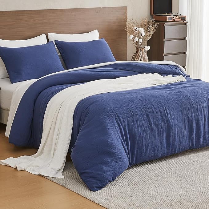EMME Muslin Cotton Duvet Cover Set Navy King Size Linen Like Soft Breathable Lightweight Summer Comforter Cover Set with Zipper Closure (Navy, King, 104"x90")