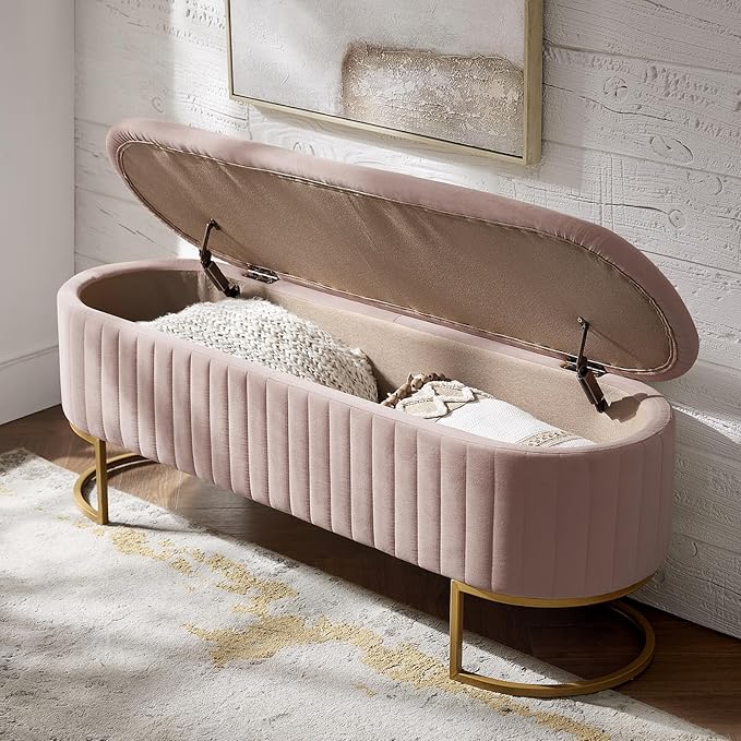 EcoHarbor Living 50.5" Storage Bench Hallway Ottoman,Upholstered End of Bed Bench Velvet with Gold Legs,Flipping Lid Entryway Footrest