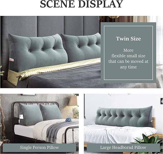 Bed Wedge Pillow for Headboard Large Bolster Pillow Reading Pillows for Sitting Up in Bed Adult, Triangular Backrest Cushion Book Pillows for Daybed Couch Support Upholstered（LightGray, Full）