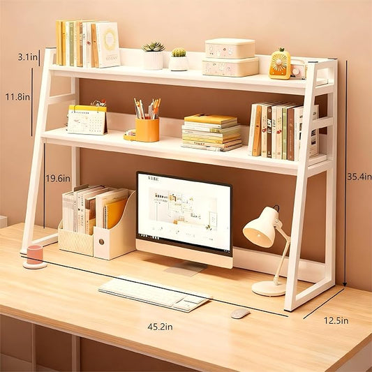 2-Tier Desktop Bookshelf, Wood Hutch Shelf Organizer, 29.9 x 12.6 x 35.4 inches, Study Room Storage Rack (White, 45 * 12 * 35in)