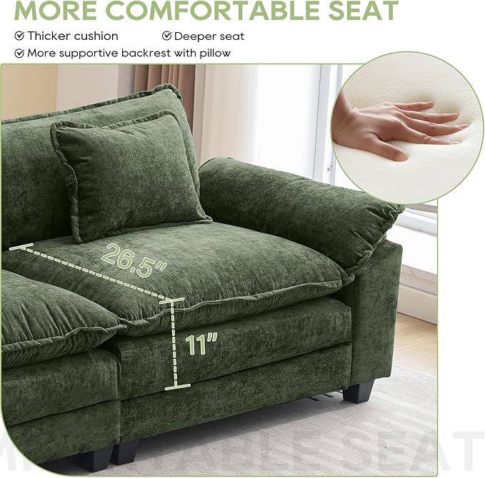 120" Modular Sectional Sofa, Comfy Cloud Couch Sectional Sofa with Ottoman, Chenille Sofa Sleeper Deep Seat Sofa with Throw Pillows for Living Room (Green, 120"- U Shape)
