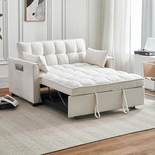 Futon Sofa Bed, 3 in 1 Sleeper Sofa Couch Bed with Armrests, Storage Pockets and 2 Pillows, Adjustable Backrest, Sofa Bed Couch for Living Room, Bedroom, Office,Reading Room(Beige)