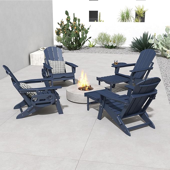 FOOWIN Adirondack Chair with Retractable Ottoman,HDPE Folding Adjustable Adirondack Chair w/4 in 1 Cup Holder Trays,All-Weather Resistant Fire Pit Chair for Outdoor Patio Lawn Set of 6