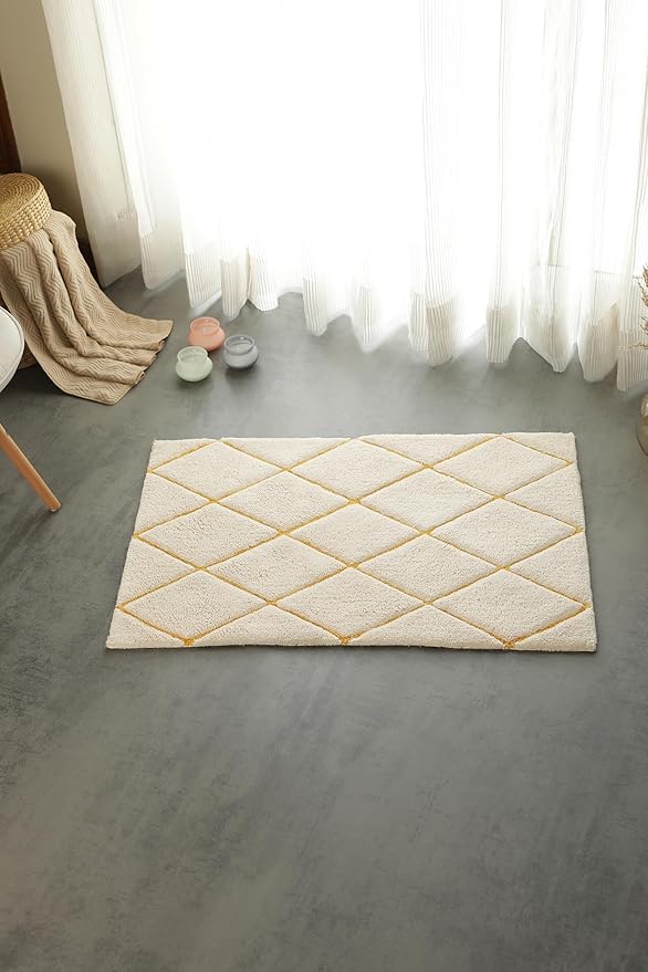 Organic Cotton Bathroom Rug, Luxury Non Slip Ultra Soft & Water Absorbent Bath Mat, Diamonds Design Premium Rug, Perfect for Tub & Shower, Toilet Floors, Door Mat (36"x24", Ivory & Yellow Ochre)