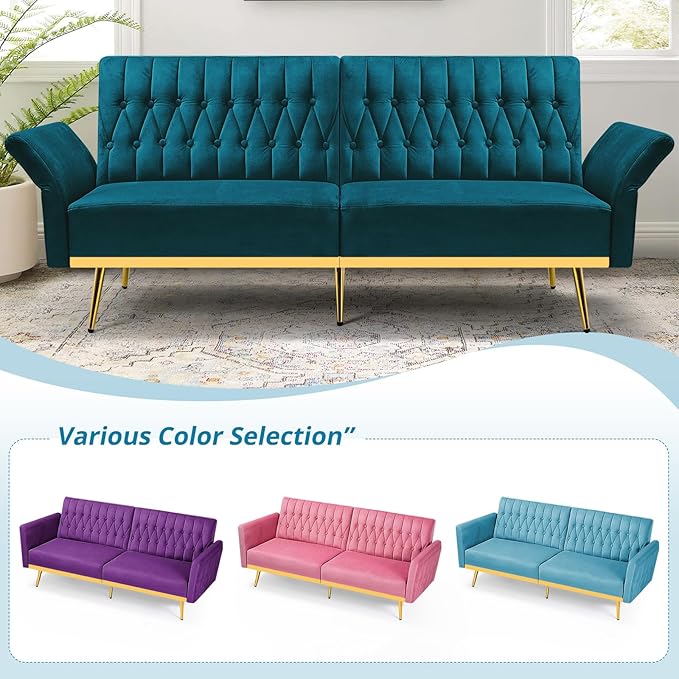 70” Velvet Futon Sofa Bed w/Adjustable Armrests and Backrest, Convertible Futon Couch w/2 Pillows, Modern Sleeper Bed for Living Room, Bedroom, Teal