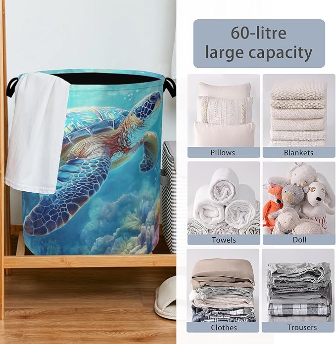 SeaTurtle Ocean Laundry Hamper,Coral Dirty Clothes Laundry Basket with Handles Waterproof Oxford Cloth Storage Basket for College Dorms Bathroom Bedroom 16" x 20.8"